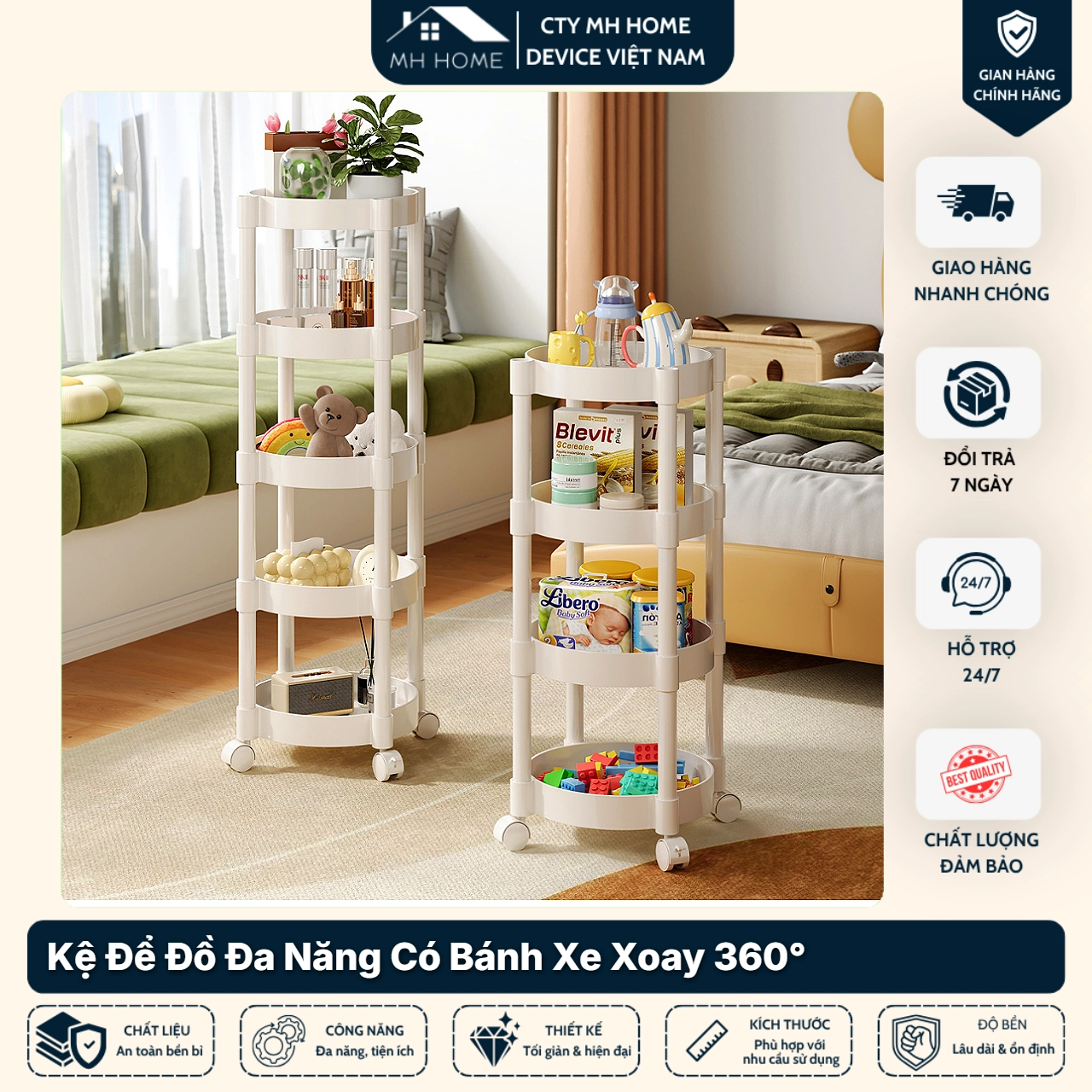 Kệ Để Đồ Đa Năng Có Bánh Xe Xoay 360° - Kệ Nhựa Nhiều Tầng Tiện Dụng Cho Nhà Bếp, Nhà Tắm, Phòng Ngủ